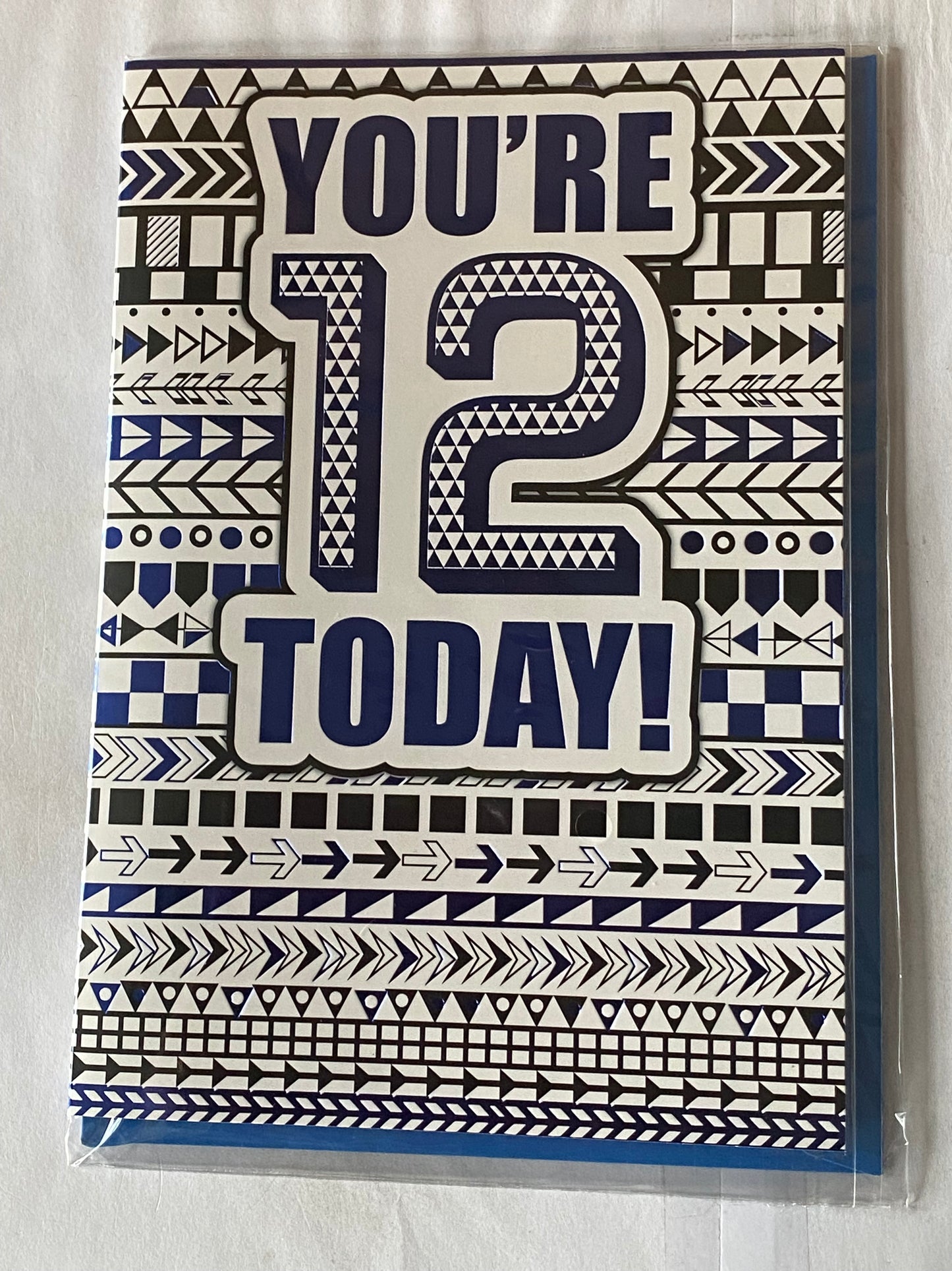 Boys Male Age 12 12th Twelve Twelfth You're 12 Today! Birthday Card Blue/White/Black Words/Patterns Foil Detail(PH43422E)