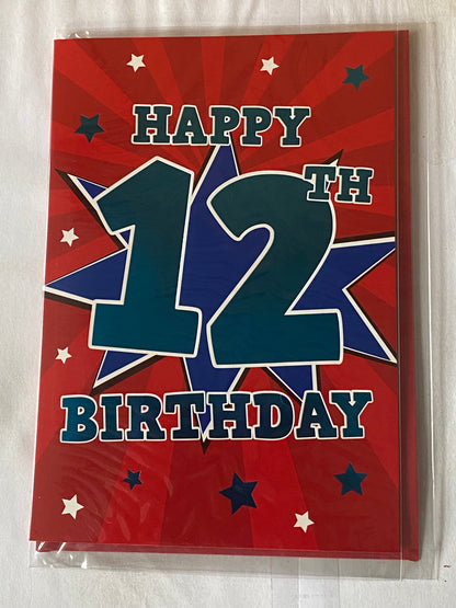 Boys Male Age 12 12th Twelve Twelfth Happy 12th Birthday Card Red-Big Blue Star/Words Foil Detail(PH43422-1A)