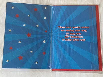 Boys Male Age 12 12th Twelve Twelfth You're 12 Today! Birthday Card Blue-Big Blue Star/Words Foil Detail(PH43422-1E)