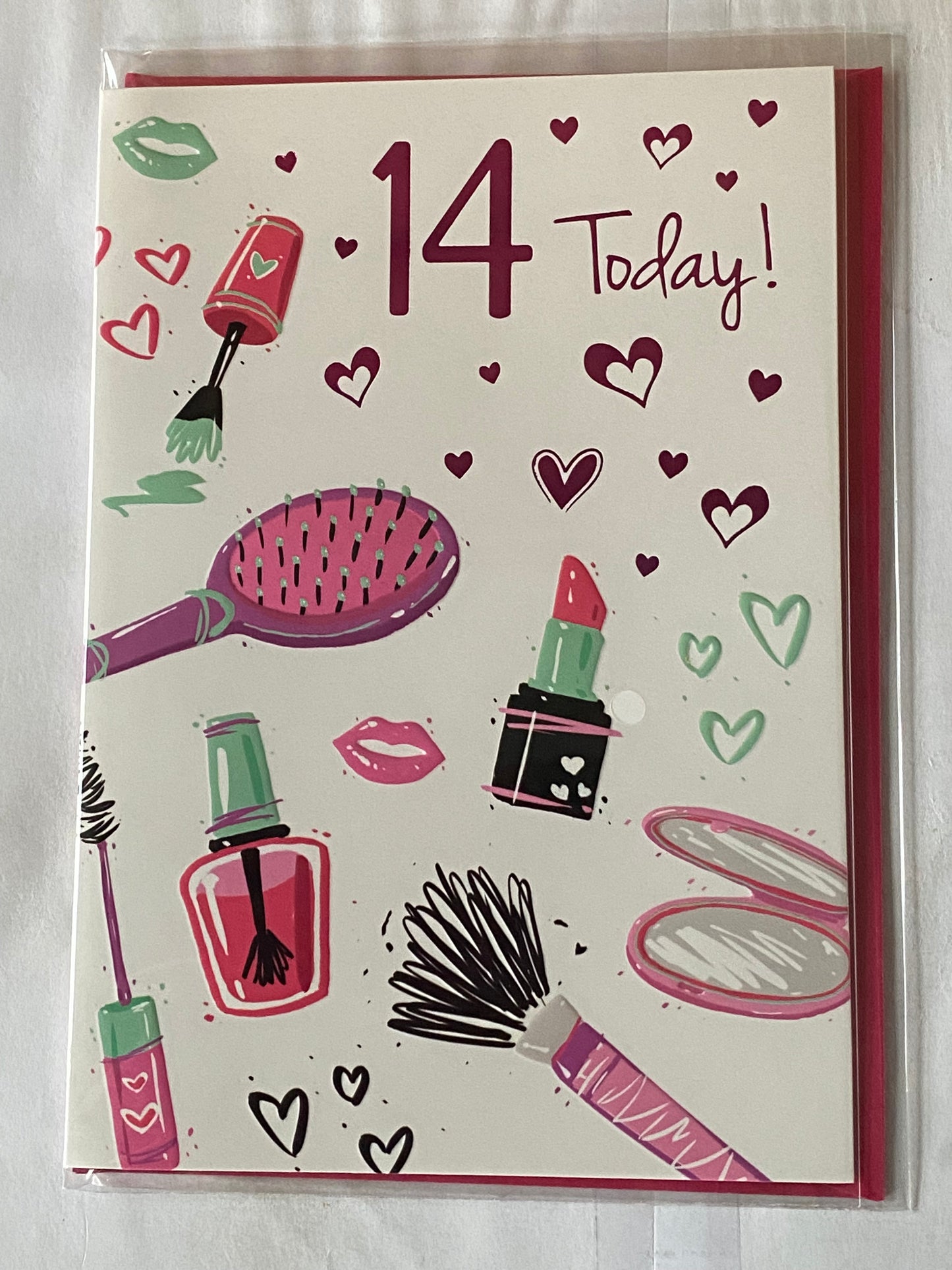 Girls Female Age 14 14th Fourteen Fourteenth 14 Today! Birthday Card White/Pink/Purple/Green Hairbrush/Lipstick/Hearts Foil Detail(NC-VA153A)