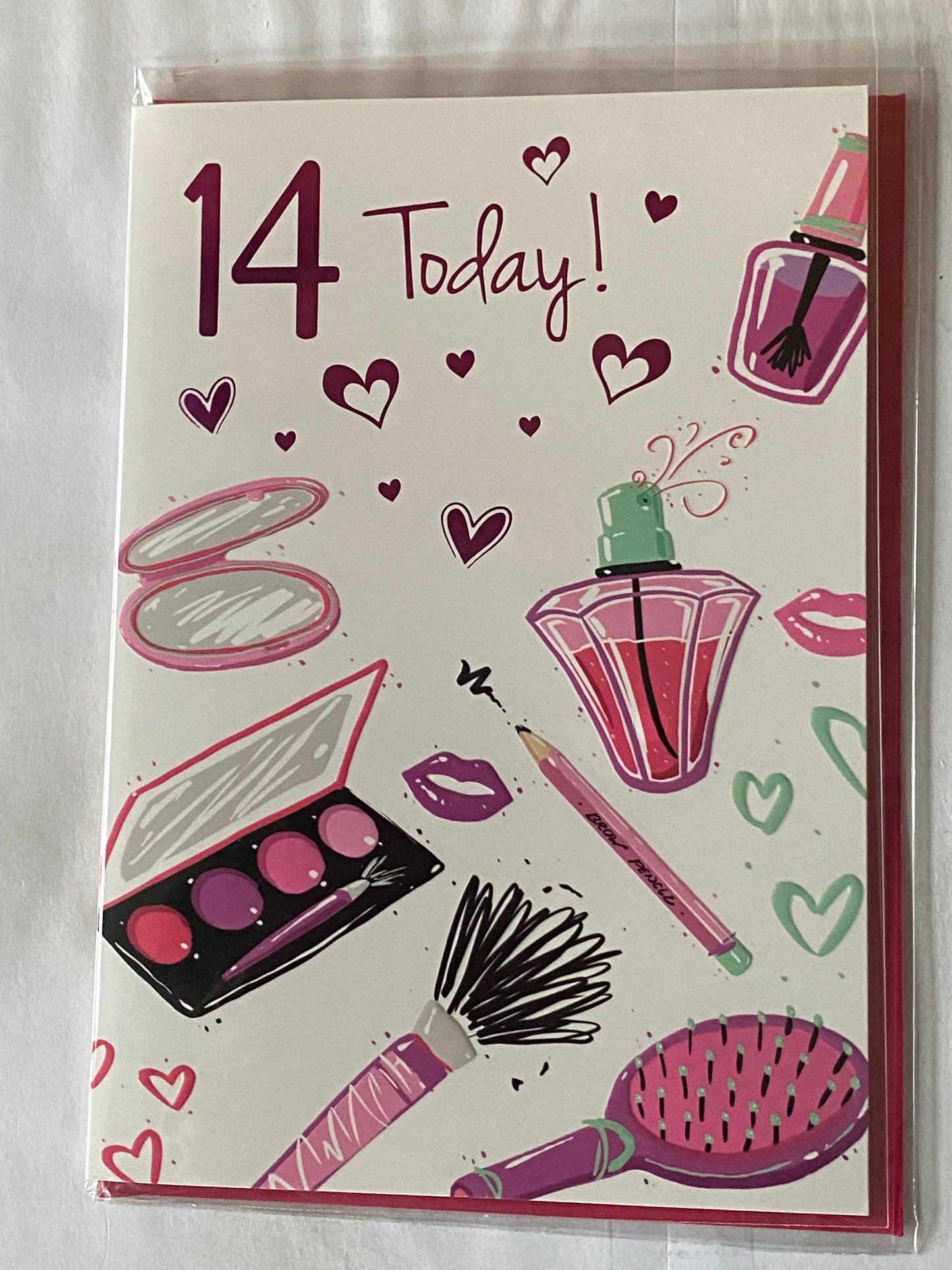 Girls Female Age 14 14th Fourteen Fourteenth 14 Today! Birthday Card White/Pink/Purple/Green Hairbrush/Perfume/Hearts Foil Detail(NC-VA153E)