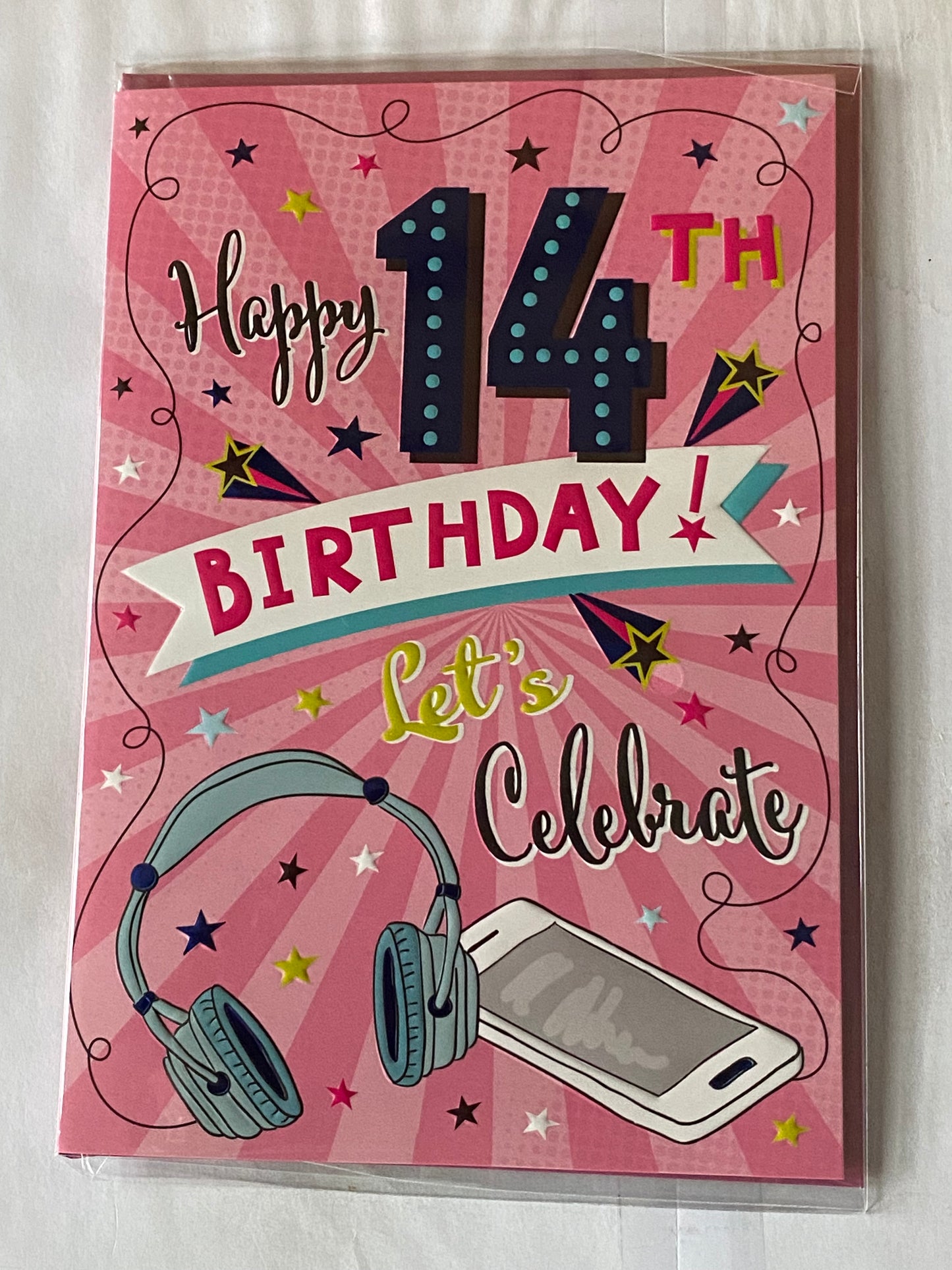 Girls Female Age 14 14th Fourteen Fourteenth Happy 14th Birthday Let's Celebrate Birthday Card Pink-Multi Words/Headphones/Phone Foil Detail(PH43429-1A)