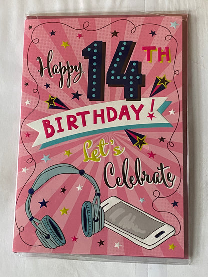 Girls Female Age 14 14th Fourteen Fourteenth Happy 14th Birthday Let's Celebrate Birthday Card Pink-Multi Words/Headphones/Phone Foil Detail(PH43429-1A)