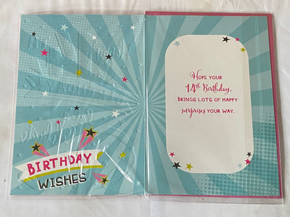 Girls Female Age 14 14th Fourteen Fourteenth Happy 14th Birthday Let's Celebrate Birthday Card Pink-Multi Words/Headphones/Phone Foil Detail(PH43429-1A)