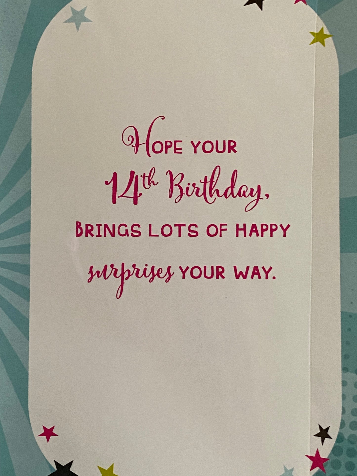 Girls Female Age 14 14th Fourteen Fourteenth Happy 14th Birthday Let's Celebrate Birthday Card Pink-Multi Words/Headphones/Phone Foil Detail(PH43429-1A)