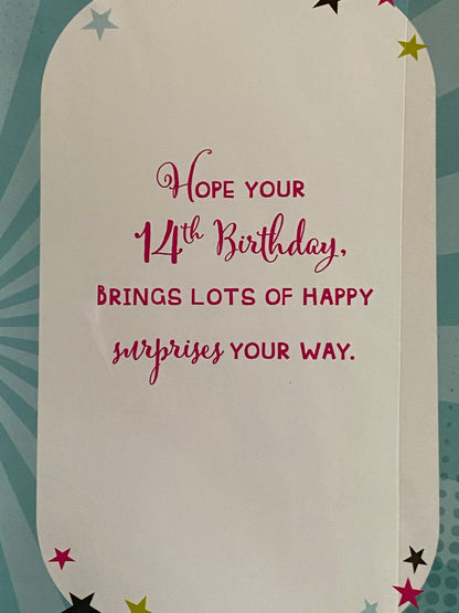 Girls Female Age 14 14th Fourteen Fourteenth Happy 14th Birthday Let's Celebrate Birthday Card Pink-Multi Words/Headphones/Phone Foil Detail(PH43429-1A)