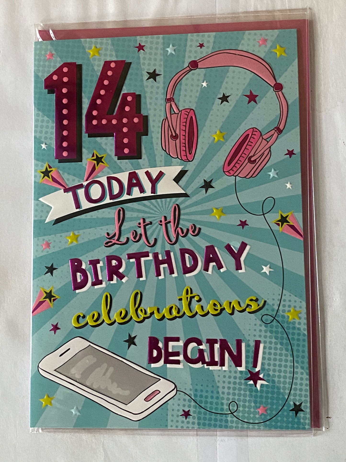 Girls Female Age 14 14th Fourteen Fourteenth 14 Today Let The Birthday Celebrations Begin! Birthday Card Green-Multi Words/Headphones/Phone Foil Detail(PH43429-1E)