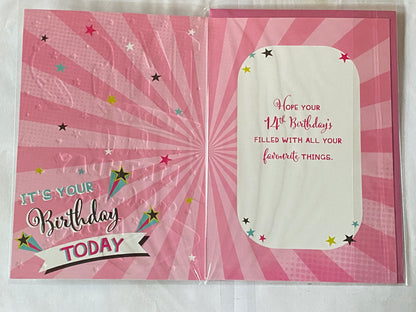 Girls Female Age 14 14th Fourteen Fourteenth 14 Today Let The Birthday Celebrations Begin! Birthday Card Green-Multi Words/Headphones/Phone Foil Detail(PH43429-1E)