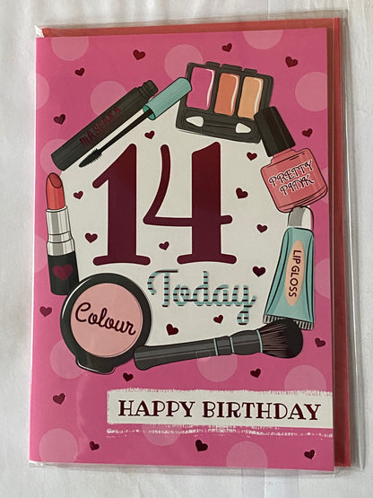 Girls Female Age 14 14th Fourteen Fourteenth 14 Today Happy Birthday Card Pink-Make-Up/Nail Varnish Foil Detail(PH43429A)