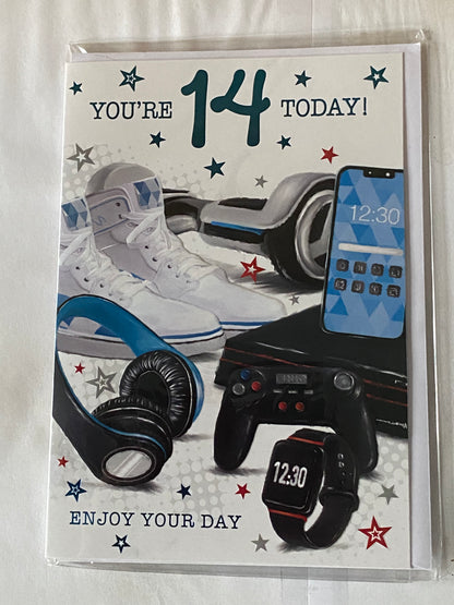 Boys Male Age 14 14th Fourteen Fourteenth You're 14 Today! Enjoy Your Day Birthday Card Techno Gadgets/White Sneakers Foil Detail(PH48407E)