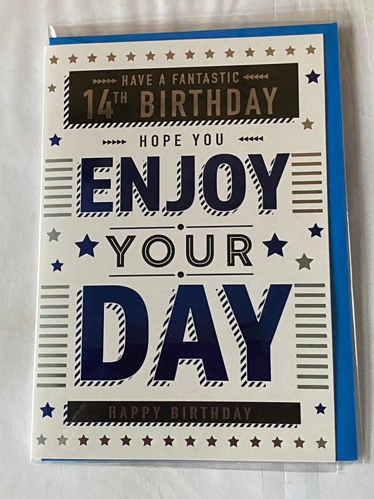 Boys Male Age 14 14th Fourteen Fourteenth Have A Fantastic 14th Birthday Hope You Enjoy Your Day Happy Birthday Card White/Silver/Blue/Black Words/Stars Foil Detail(PH47340A)