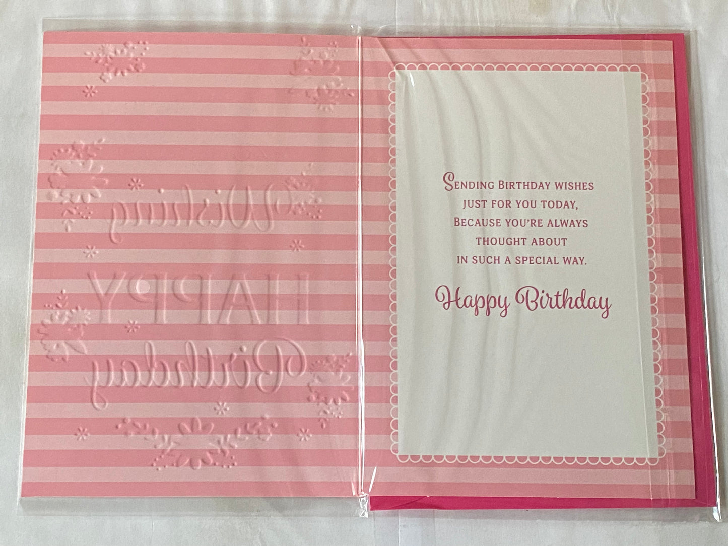 Girls Female Age 14 14th Fourteen Fourteenth 14 Today Wishing You A Very Happy Birthday Card Flowers/Words/Pink Stripes Foil Detail(VA183E)