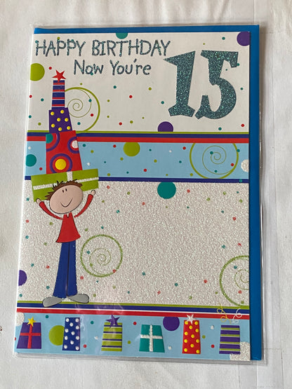 Boys Male Age 15 15th Fifteen Fifteenth Happy Birthday Now You're 15 Birthday Card White/Multi Boy Carrying Presents Glitter Detail(PH33497A)