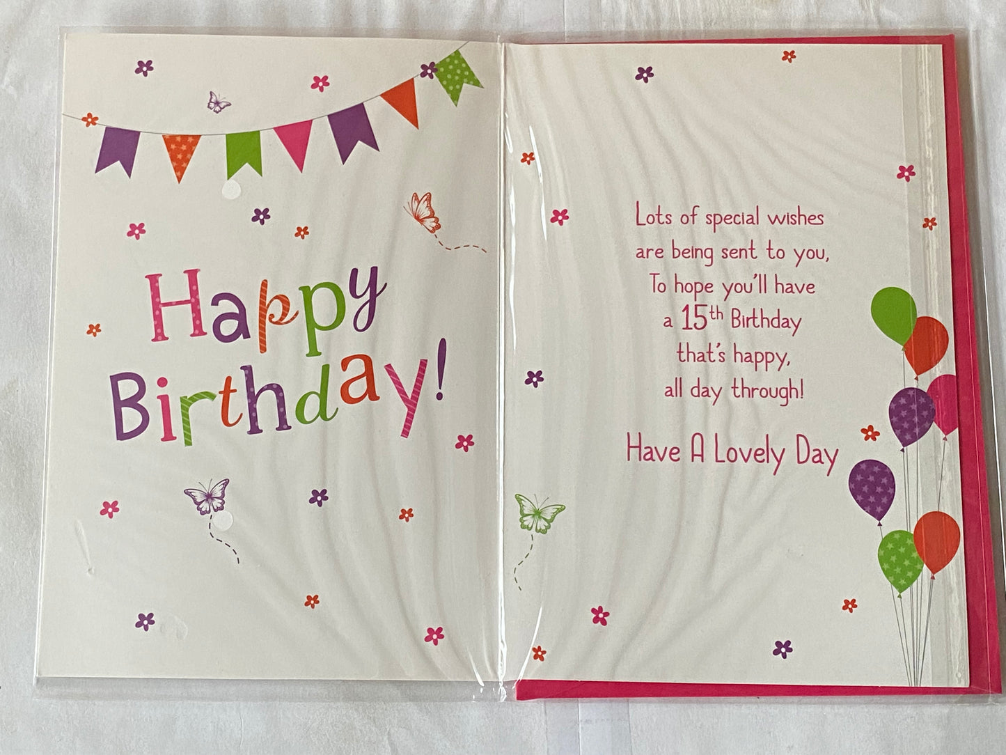 Girls Female Age 15 15th Fifteen Fifteenth 15 Today Happy Birthday Birthday Card Multi Bunting/Balloons/Flowers/Words Glitter/Foil Detail(PH43433A)