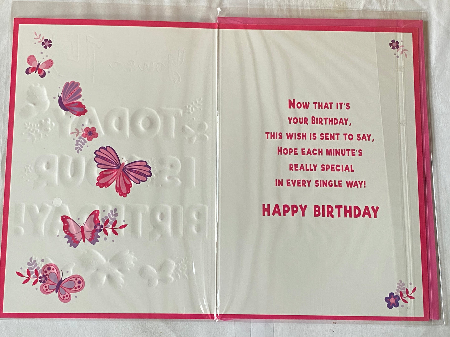 Girls Female Age 15 15th Fifteen Fifteenth You're 15 Today Is Your Birthday! Birthday Card Pink/Purple Butterflies/Words Foil Detail(NC-VA213A)