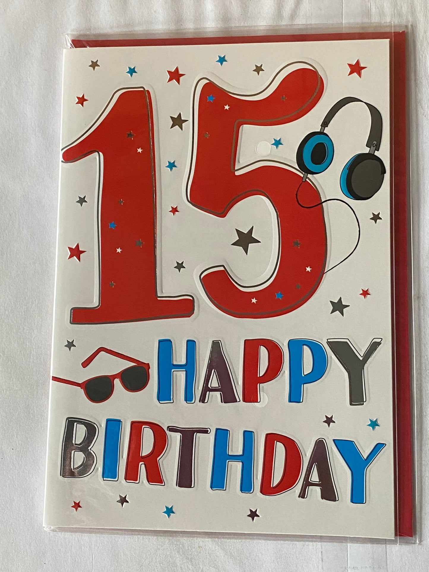 Boys Male Age 15 15th Fifteen Fifteenth 15 Happy Birthday Card Red 15-Headphones Foil Detail(PH43434B)