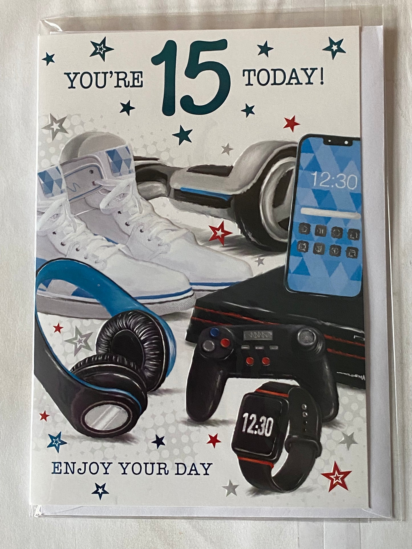 Boys Male Age 15 15th Fifteen Fifteenth You're 15 Today! Enjoy Your Day Birthday Card Techno Gadgets/White Sneakers Foil Detail(PH48407E)