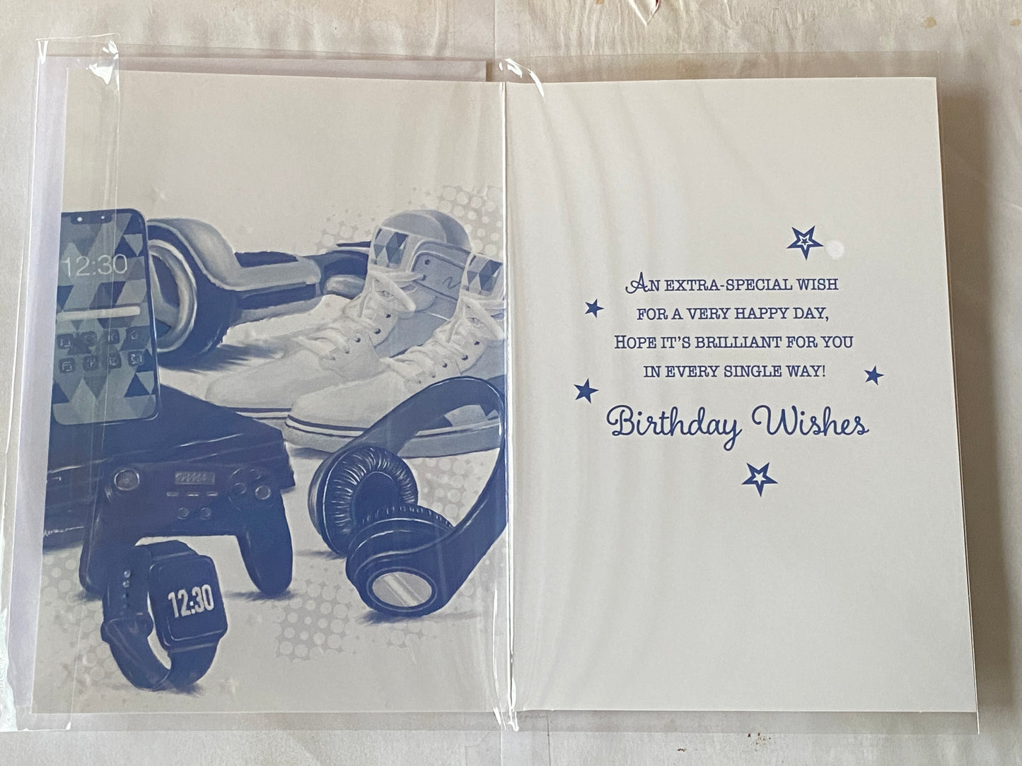 Boys Male Age 15 15th Fifteen Fifteenth You're 15 Today! Enjoy Your Day Birthday Card Techno Gadgets/White Sneakers Foil Detail(PH48407E)