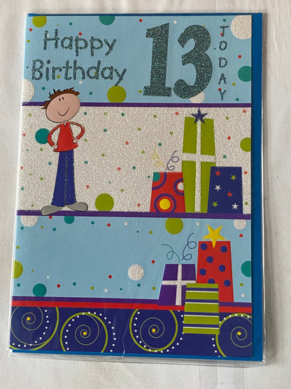 Boys Male Age 13 13th Thirteen Thirteenth Happy Birthday 13 Today Birthday Card White/Multi Boy/Multi Presents Glitter Detail(PH33497E)