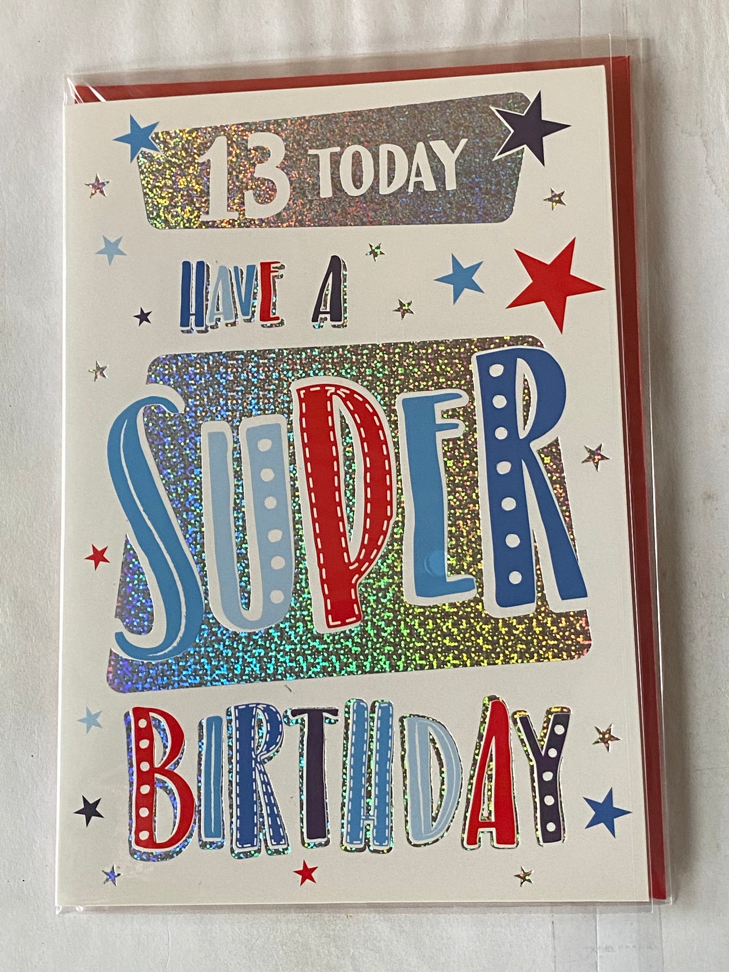 Boys Male Age 13 13th Thirteen Thirteenth 13 Today Have A Super Birthday Card White/Silver/Blue/Red Words/Stars Foil Detail(NC-VA145A)