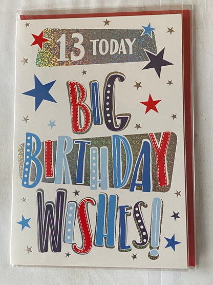 Boys Male Age 13 13th Thirteen Thirteenth 13 Today Big Birthday Wishes! Birthday Card White/Silver/Blue/Red Words/Stars Foil Detail(NC-VA145E)