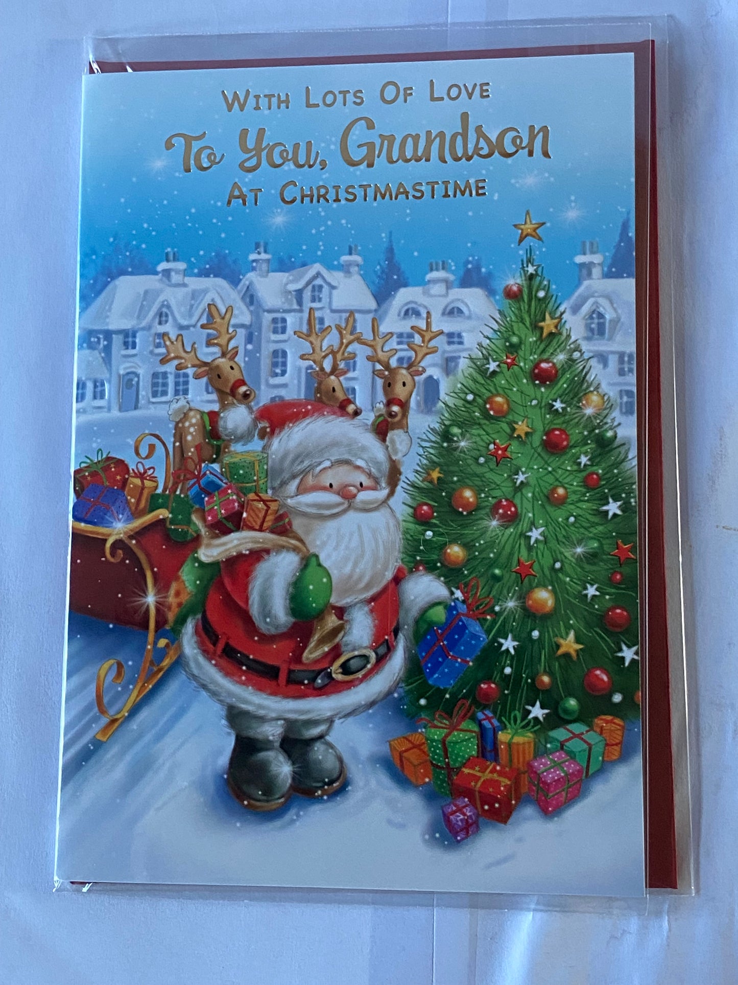 With Lots Of Love To You Grandson At Christmastime Christmas Card Cute Santa/Tree/Presents/Red Sleigh(NC-VX109B)