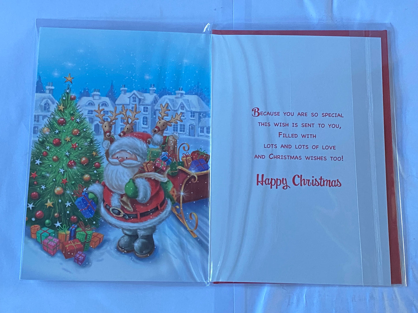 With Lots Of Love To You Grandson At Christmastime Christmas Card Cute Santa/Tree/Presents/Red Sleigh(NC-VX109B)