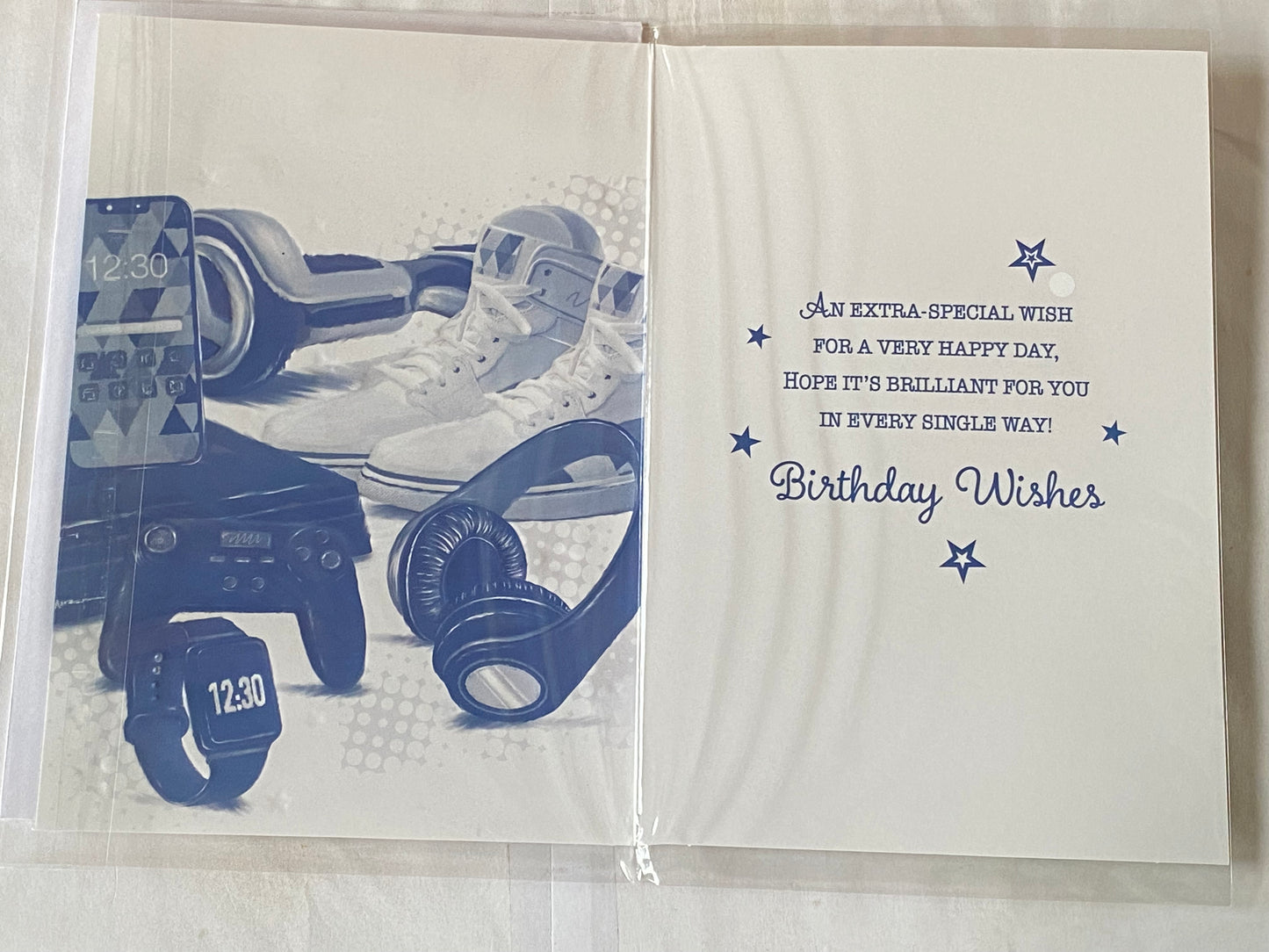 Boys Male Age 13 13th Thirteen Thirteenth You're 13 Today! Enjoy Your Day Birthday Card Techno Gadgets/White Sneakers Foil Detail(PH48407E)