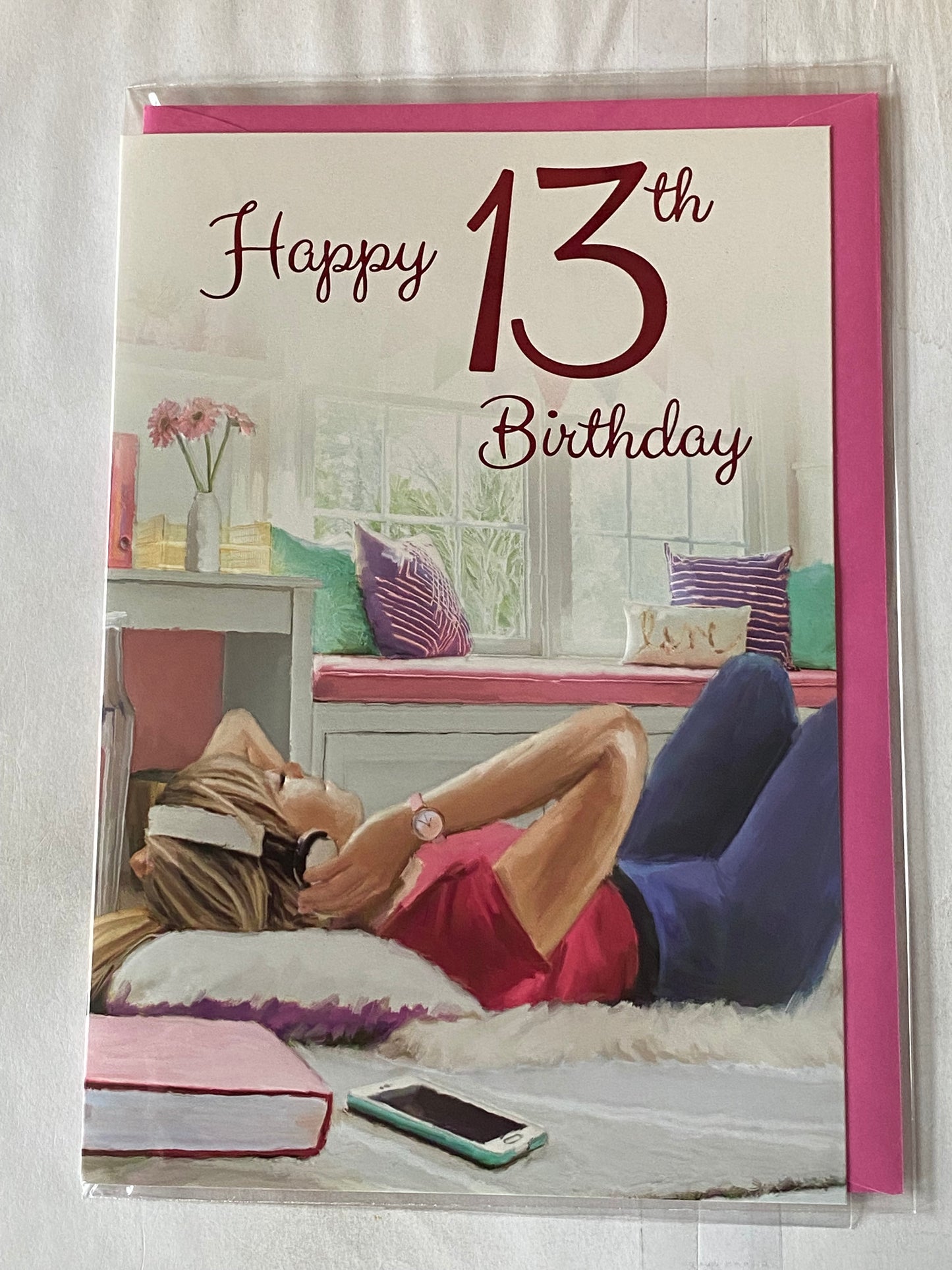 Girls Female Age 13 13th Thirteen Thirteenth Happy 13th Birthday Card Girl Relaxing/Bedroom/Headphones Foil Detail(PH47350A)