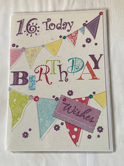 Girls Female 16th Age 16 Sixteen Sixteenth 16 Today Birthday Wishes Birthday Card Words/Bunting Glitter Detail(HSI165HSA)