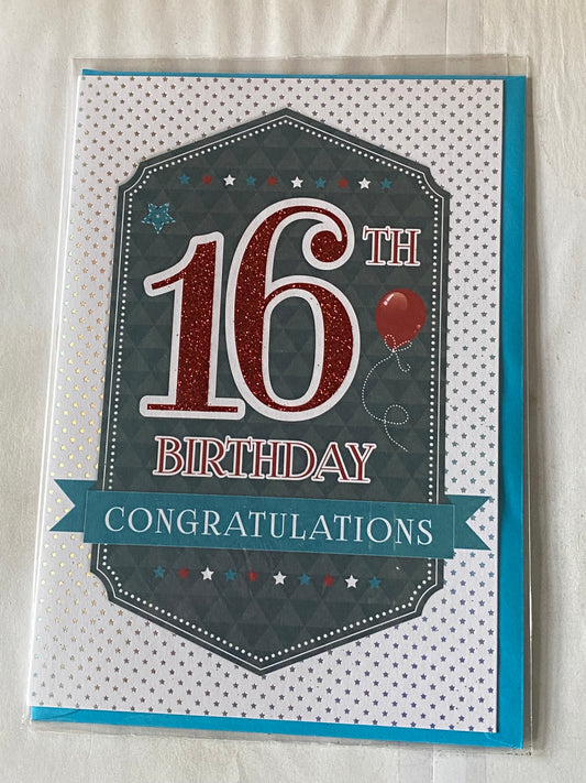 Boys/Male Age 16 16th Sixteen Sixteenth 16th Birthday Congratulations Birthday Card Red Balloon/Words Glitter Detail(PRELUDE35071-1)