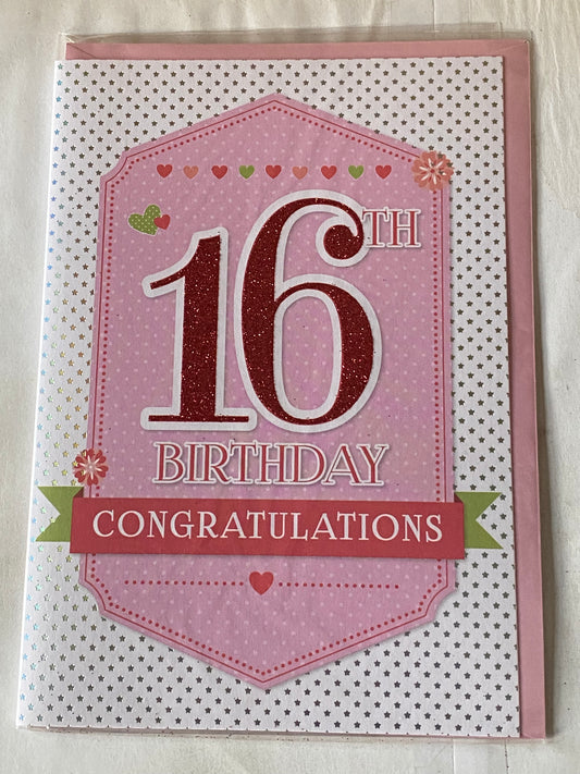 Girls/Female Age 16 16th Sixteen Sixteenth 16th Birthday Congratulations Birthday Card Pink/Green Hearts/Words Glitter Detail(PRELUDE35072-1)