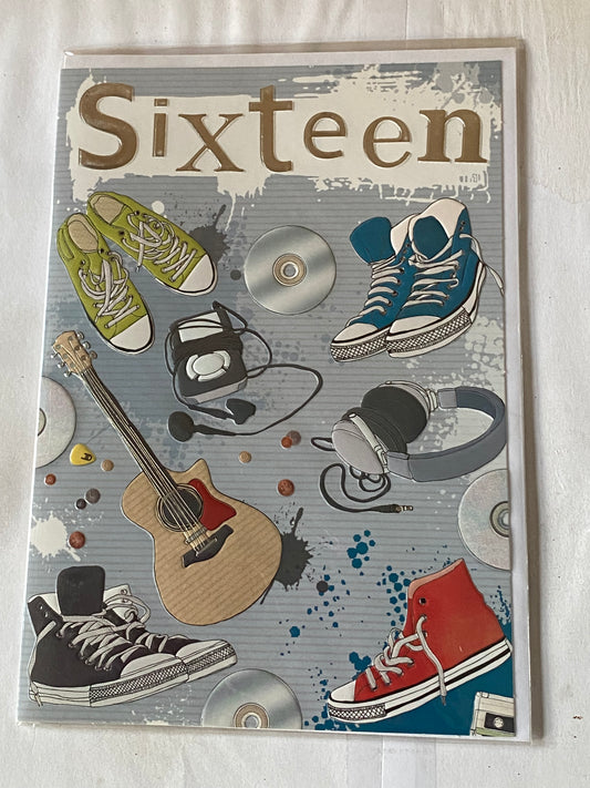 Boys/Male Age 16 16th Sixteen Sixteenth Sixteen Birthday Card Sneakers/Brown Guitar Foil Detail(HSI164HSA)