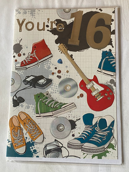 Boys/Male Age 16 16th Sixteen Sixteenth You're 16 Birthday Card Sneakers/Red Guitar Foil Detail(HSI164HSB)