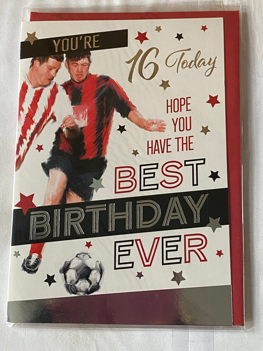 Boys Male Age 16 16th Sixteen Sixteenth You're 16 Today Hope You Have The Best Birthday Ever Birthday! Card Red/Black Footballer/Words Foil Detail(PH44833A)