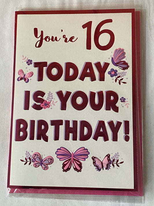 Girls Female Age 16 16th Sixteen Sixteenth You're 16 Today Is Your Birthday! Birthday Card Pink/Purple Butterflies/Words Foil Detail(VA213A)