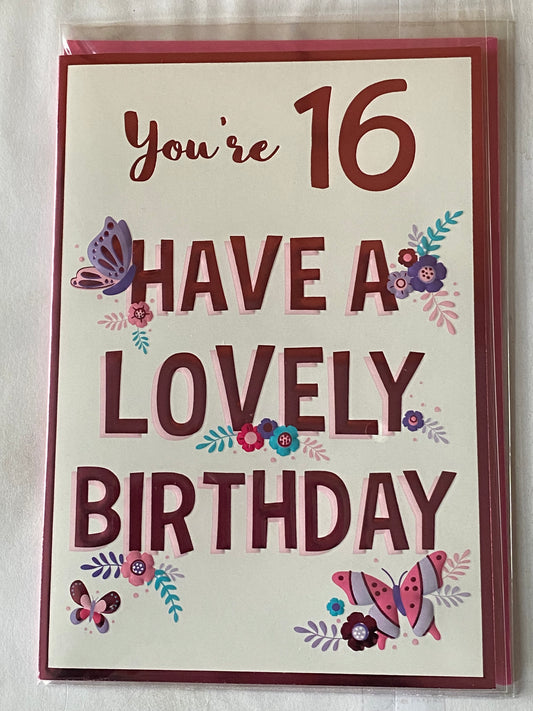 Girls Female Age 16 16th Sixteen Sixteenth You're 16 Have A Lovely Birthday Card Pink/Purple Butterflies/Words Foil Detail(VA213E)