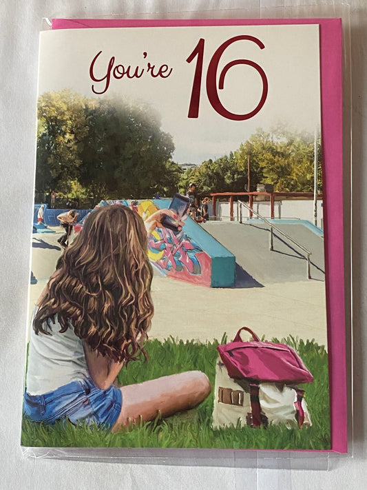 Girls Female Age 16 16th Sixteen Sixteenth You're 16 Birthday Card Girl/Skatepark Foil Detail(PH47350E)