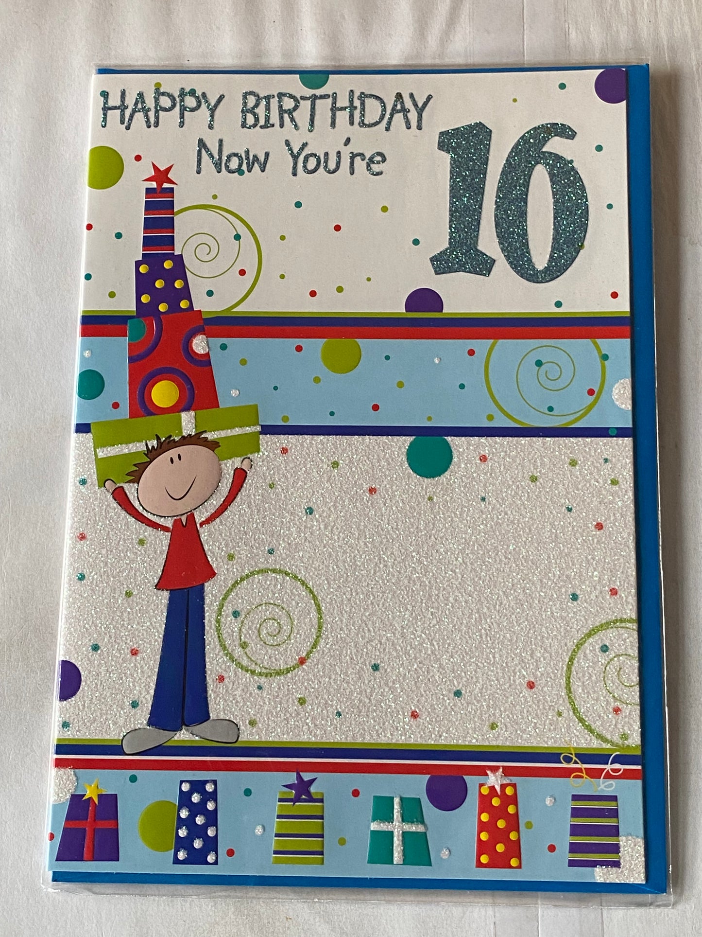 Boys Male Age 16 16th Sixteen Sixteenth Happy Birthday Now Your 16 Birthday Card White/Multi Boy Carrying Presents Glitter Detail(PH33497A)