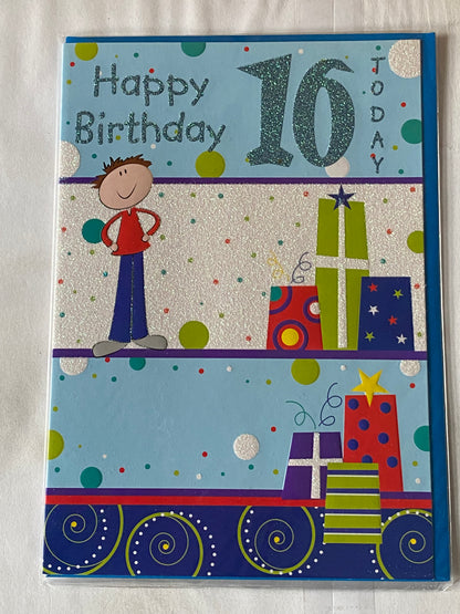 Boys Male Age 16 16th Sixteen Sixteenth Happy Birthday 16 Today Birthday Card White/Multi Boy/Multi Presents Glitter Detail(PH33497E)