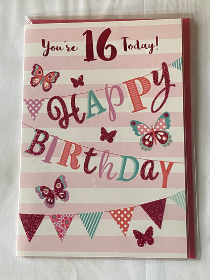 Girls Female Age 16 16th Sixteen Sixteenth You're 16 Today! Happy Birthday Card White/Pink Stripes/Bunting/Butterflies/Words Glitter/Foil Detail(NC-VA152E)