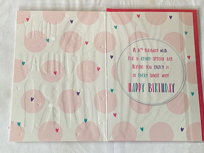 Girls Female Age 16 16th Sixteen Sixteenth 16 Today Birthday Girl Birthday Card White/Pink Spots Pink/Purple/Green Words/Hearts Foil Detail(PH43489E)