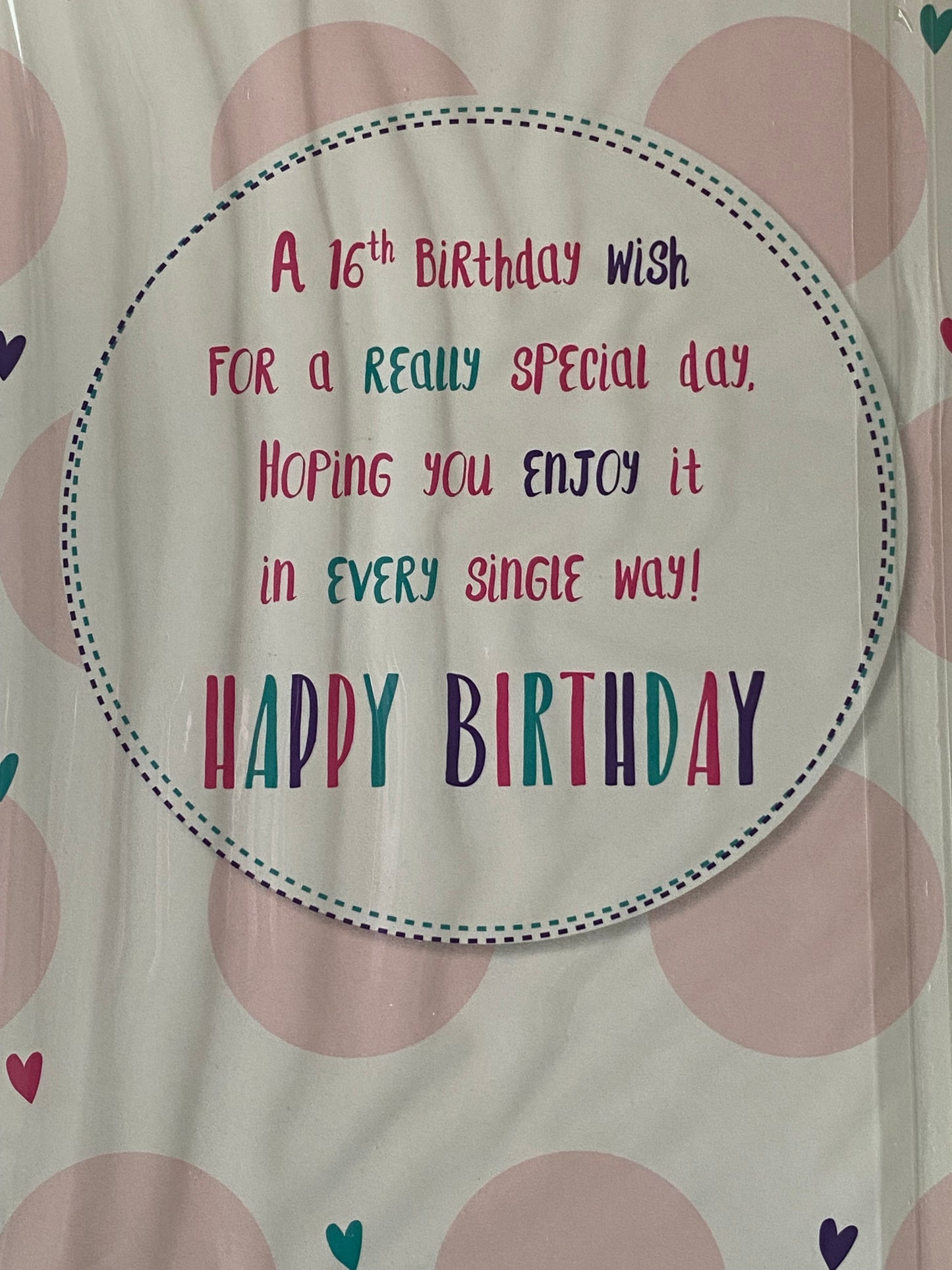 Girls Female Age 16 16th Sixteen Sixteenth 16 Today Birthday Girl Birthday Card White/Pink Spots Pink/Purple/Green Words/Hearts Foil Detail(PH43489E)