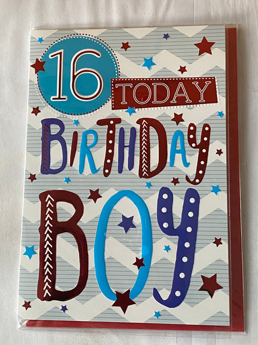 Boys/Male Age 16 16th Sixteen Sixteenth 16 Today Birthday Boy Birthday Card White/Blue Zigzags Blue/Red Words/Stars Foil Detail(PH43491E)