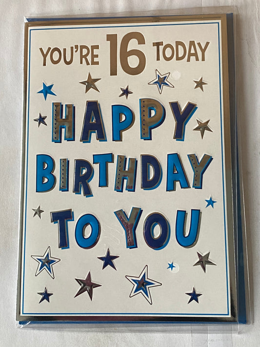 Boys Male Age 16 16th Sixteen Sixteenth You're 16 Today Happy Birthday To You Birthday Card Blue/Silver Words/Stars Foil Detail(VA207A)