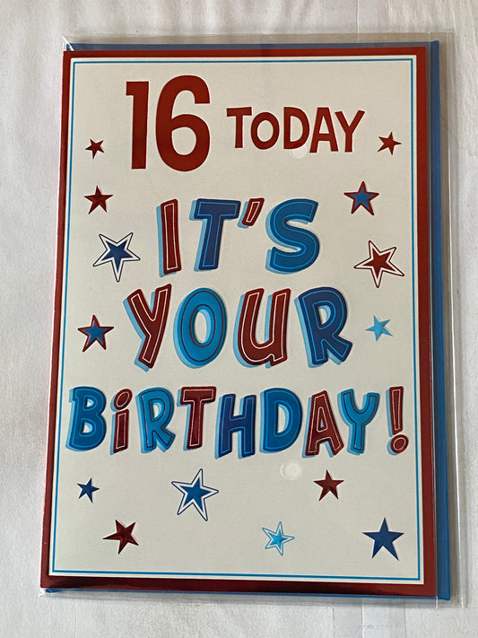 Boys Male Age 16 16th Sixteen Sixteenth 16 Today It's Your Birthday Card Blue/Red Words/Stars Foil Detail(VA207E)