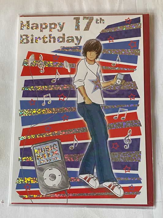 Boys Male Age 17 17th Seventeen Seventeenth Happy 17th Birthday Card White/Blue/Red/Silver Boy/Music/Stripes Foil Detail(KI32836)