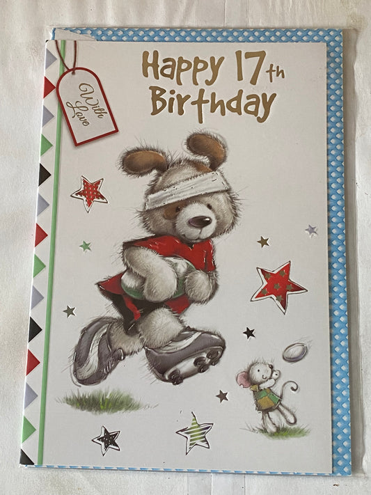 Boys Male Age 17 17th Seventeen Happy 17th Birthday Card White/Red Teddy/Rugby/Mouse Foil Detail(CC50-977E)