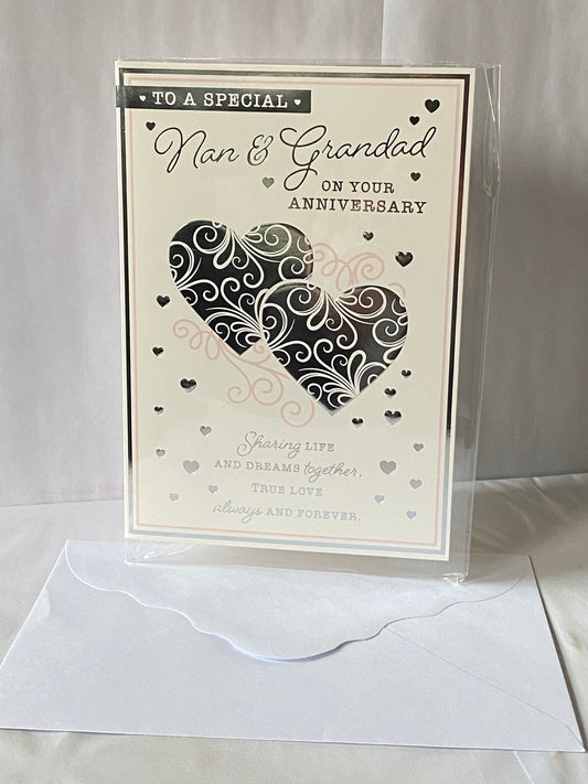 To A Special Nan & Grandad On Your Anniversary Wedding Anniversary Card Silver/Pink Hearts/Silver Words Foil Detail(PH47356A)