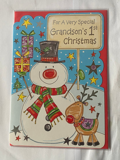 For A Special Grandson's 1st Christmas Card Grandson First Snowman/Rudolph Foil Detail(HSX947B)